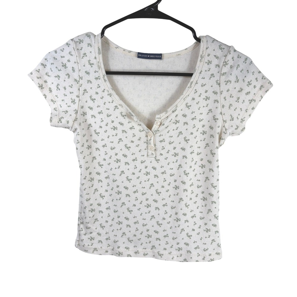 Brandy Melville Cotton Floral Pointelle Y2K Baby Doll Tee Henley Soft Girl O/S